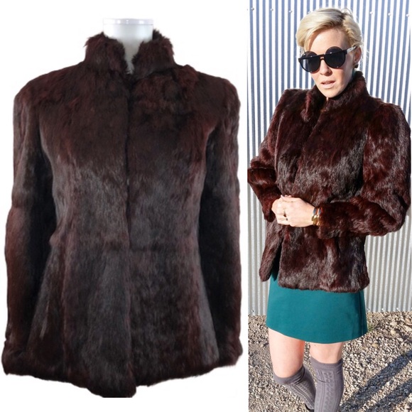 Jackets & Blazers - Rabbit Fur Vintage Burgundy Standing Collar Coat